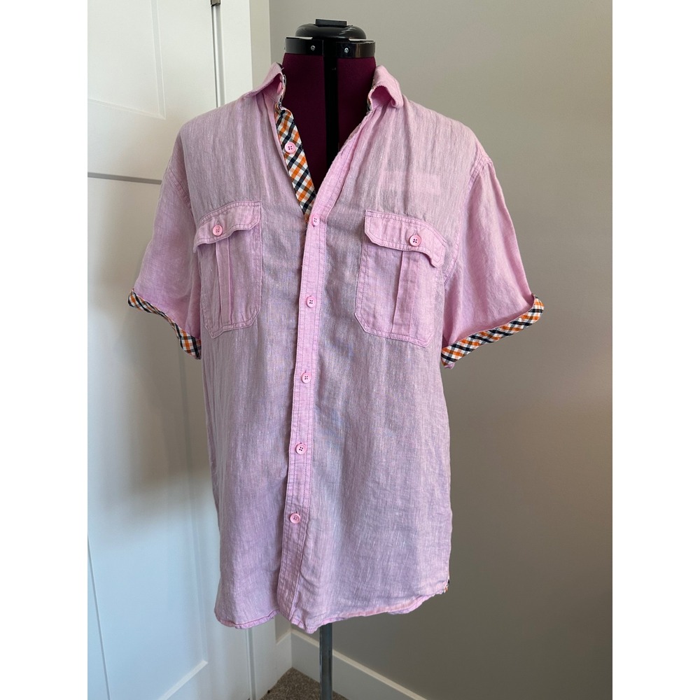 Amiani Pink 100% Linen Short Sleeve Button Down Shirt Plaid Trim Mens Large/